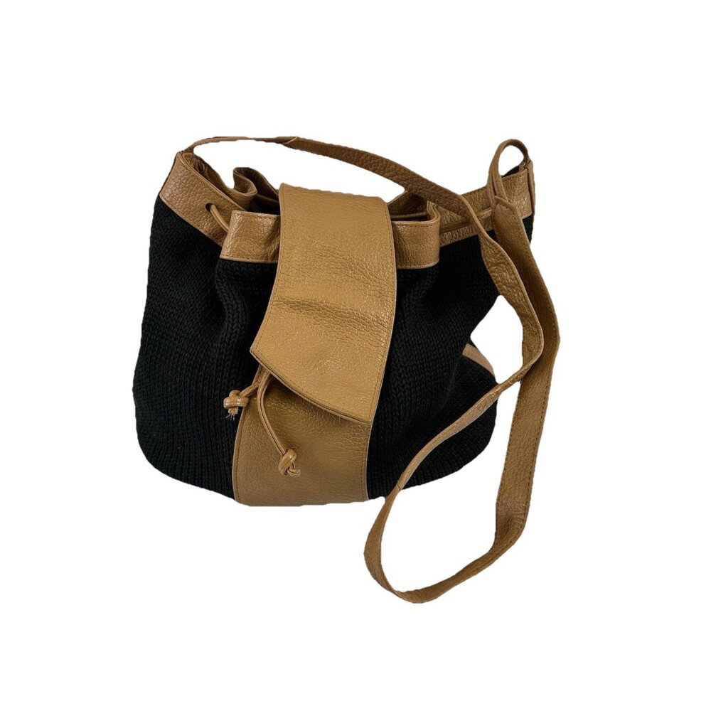 Vintage Brio Bucket Purse Woven Drawstring Bag Black Tan Leather Straps Velvet